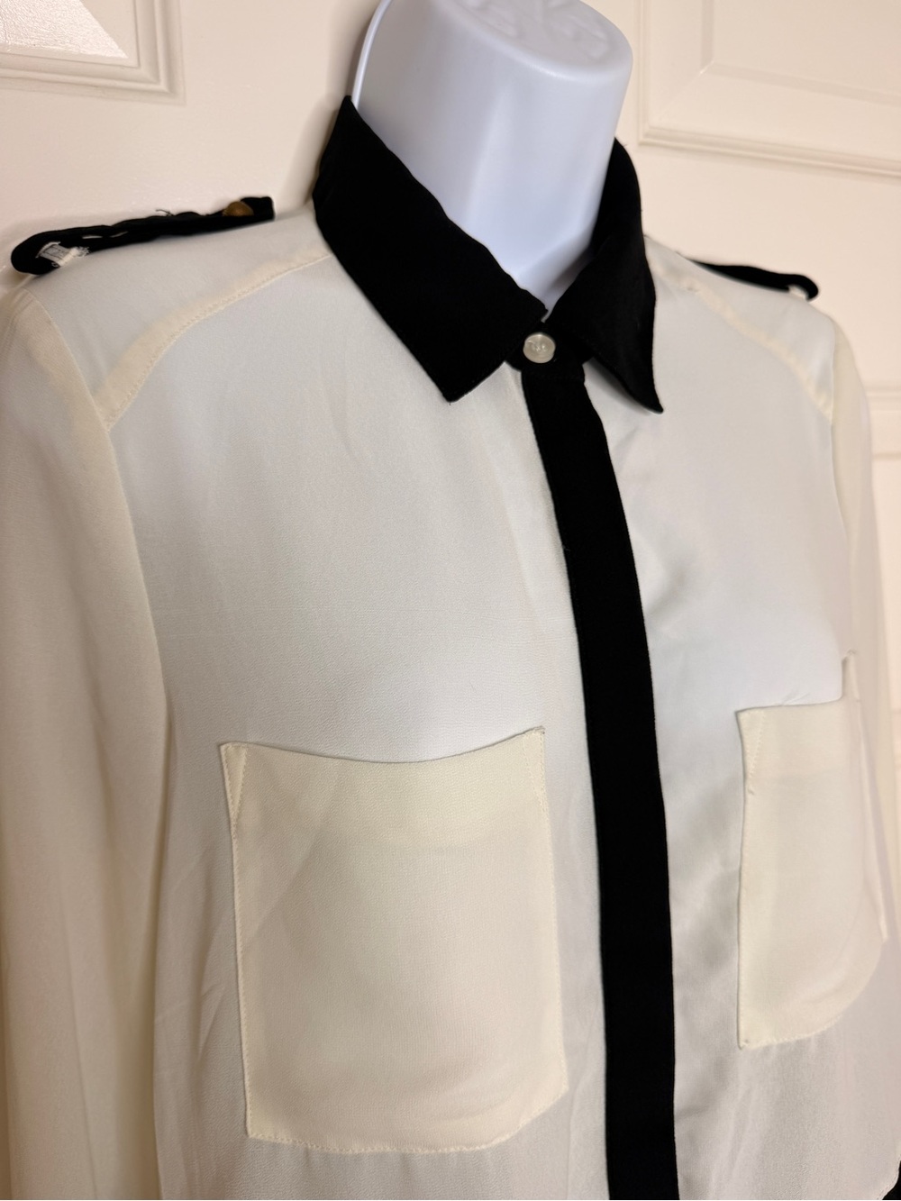 Two-Tone Button-Up Blouse - Black & Cream